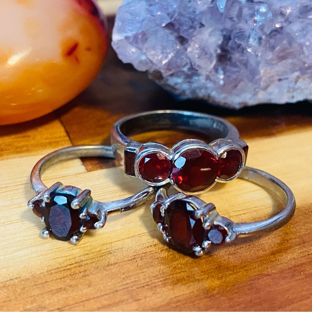 Elegant Silver and Red Gemstone Ring Set